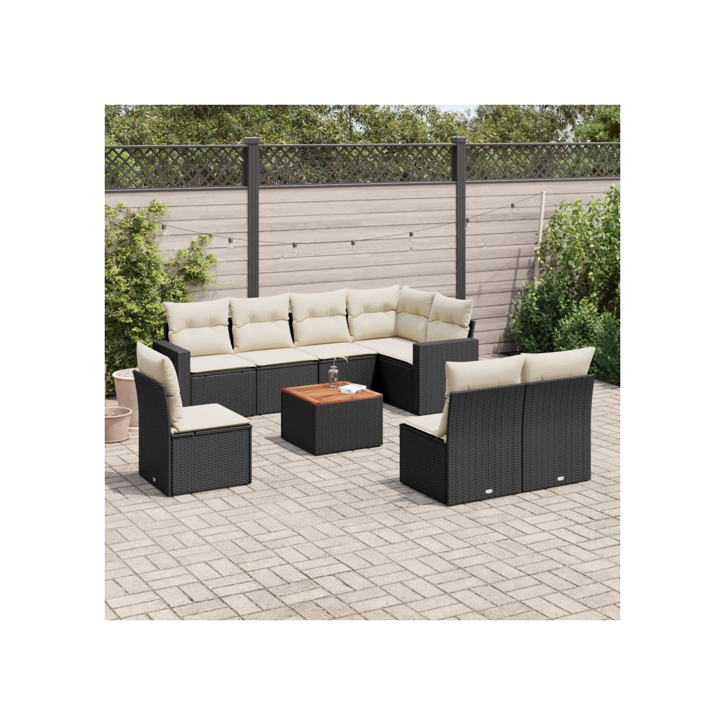 Salon de jardin 9 pcs avec coussins noir résine tressée