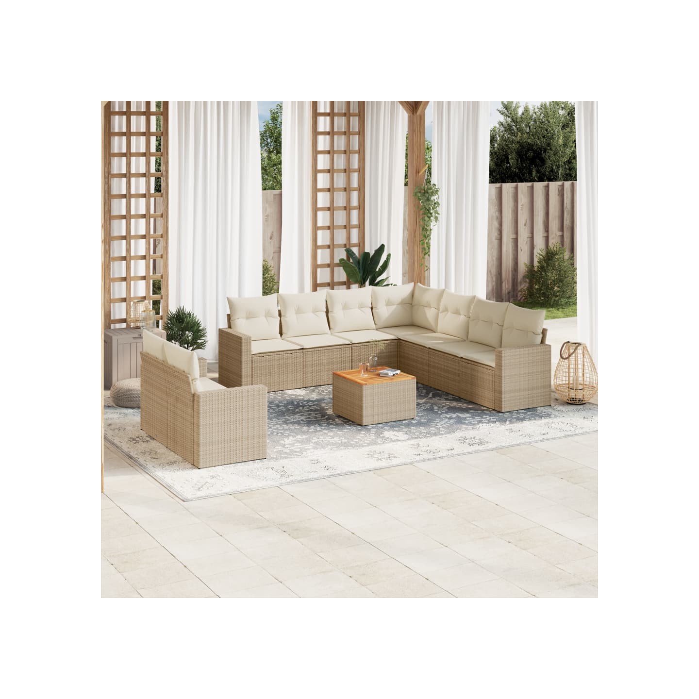 Salon de jardin avec coussins 10 pcs beige résine tressée