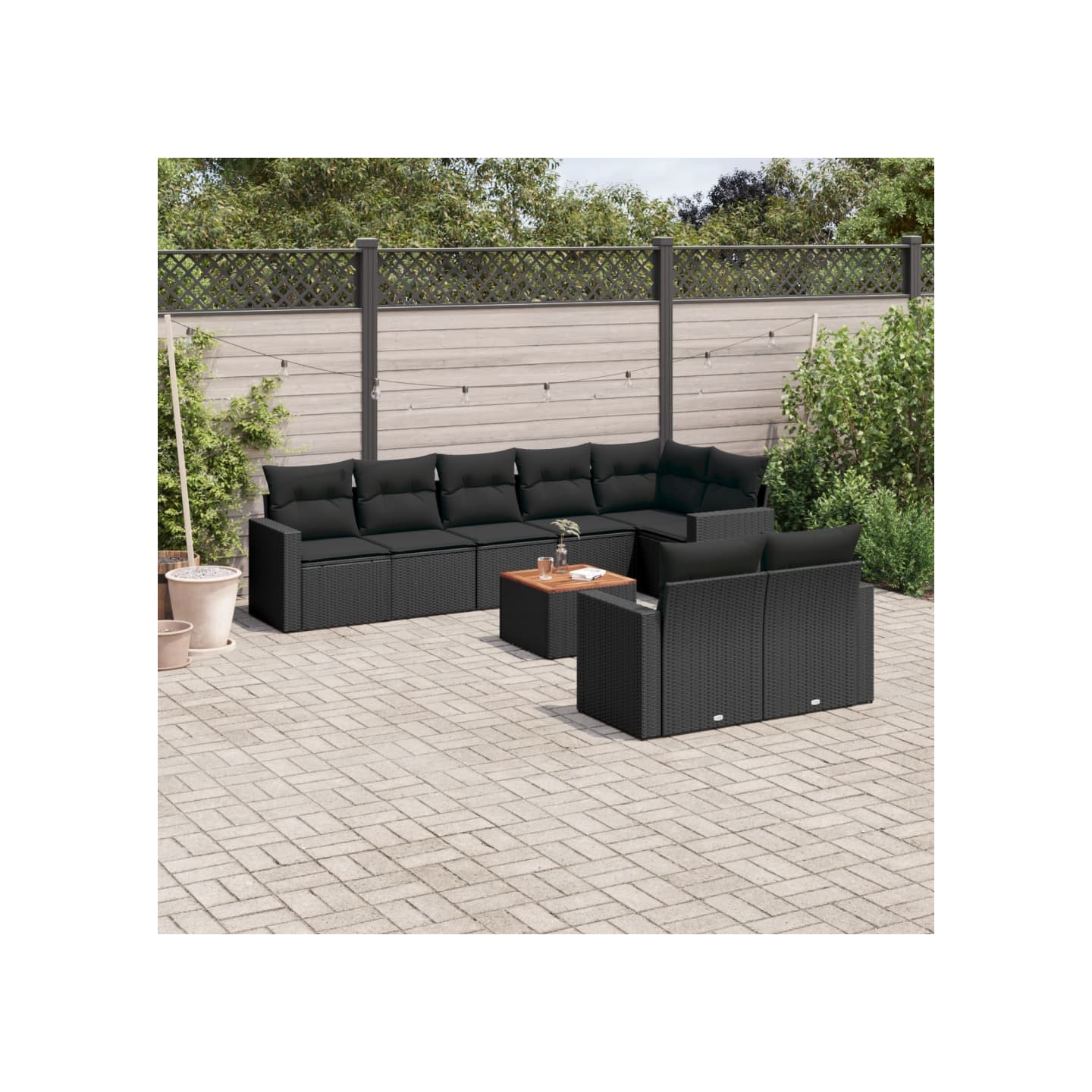 Salon de jardin 9 pcs avec coussins noir résine tressée
