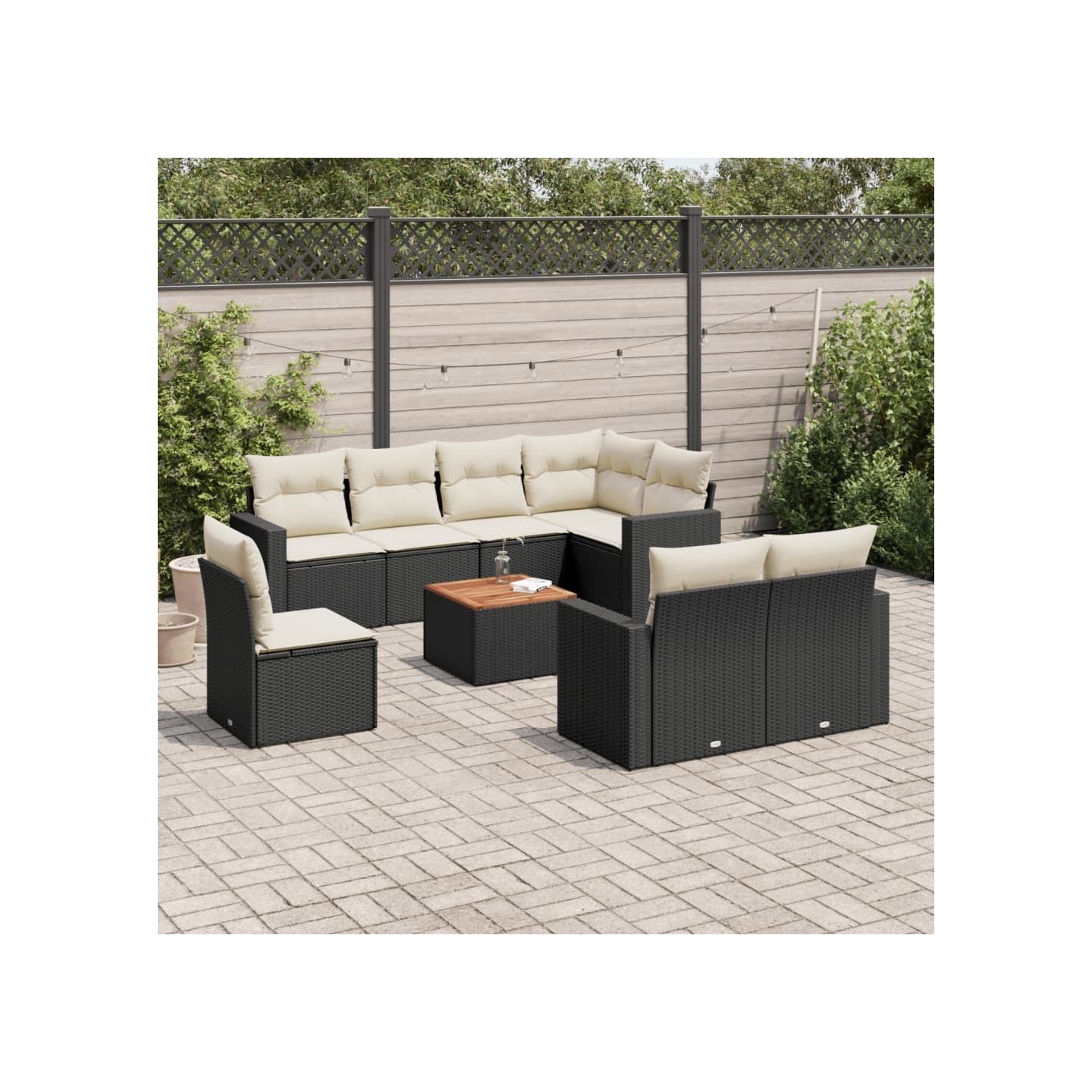 Salon de jardin 9 pcs avec coussins noir résine tressée