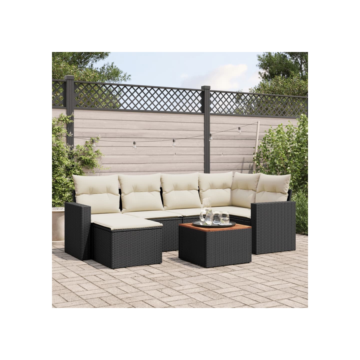 Salon de jardin 7 pcs avec coussins noir résine tressée