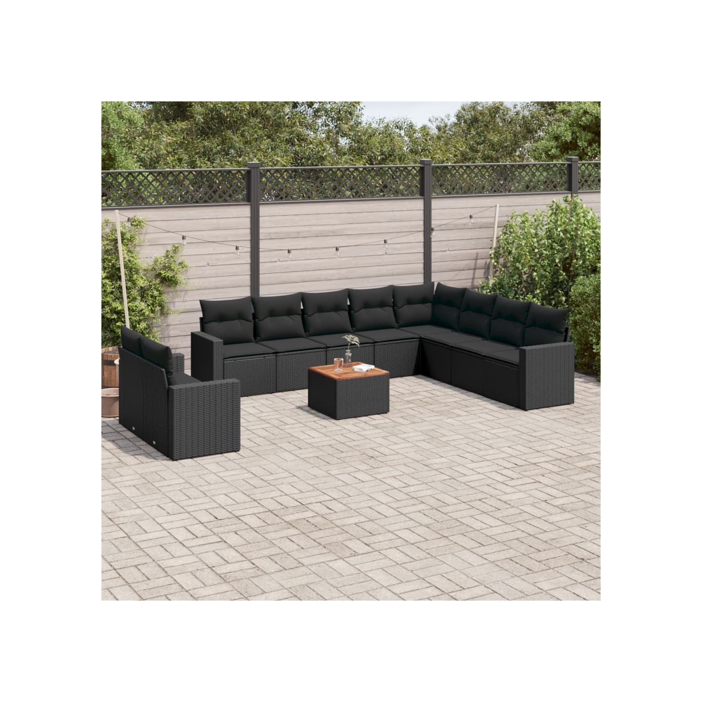 Salon de jardin 11 pcs avec coussins noir résine tressée