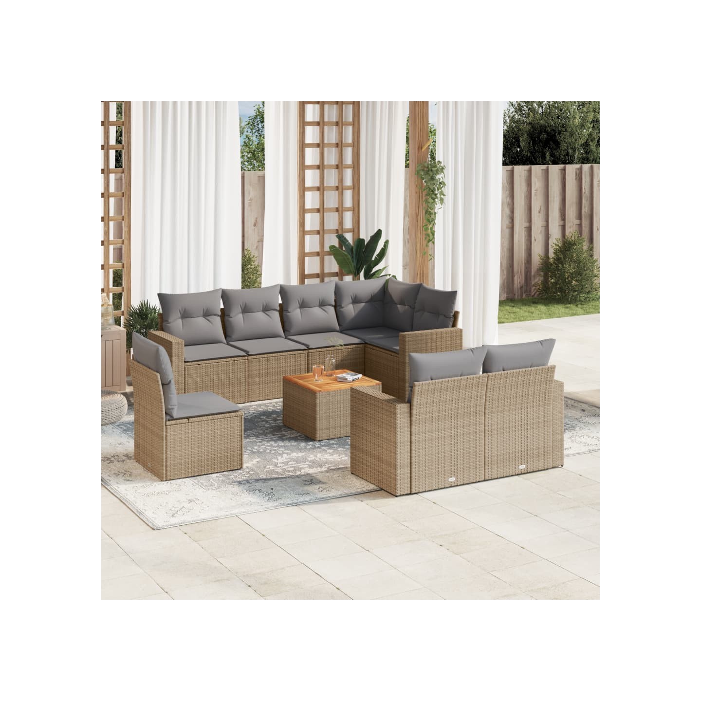 Salon de jardin avec coussins 9 pcs beige résine tressée