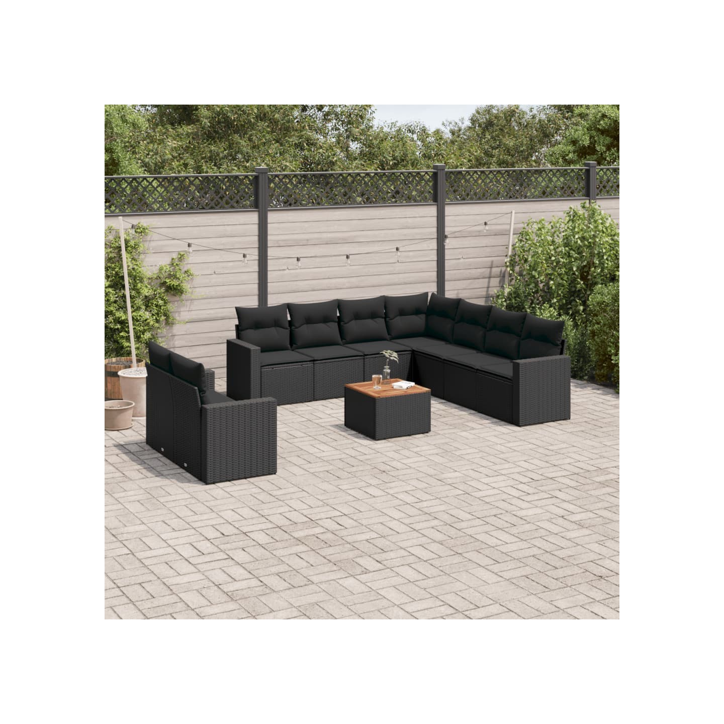 Salon de jardin 10 pcs avec coussins noir résine tressée