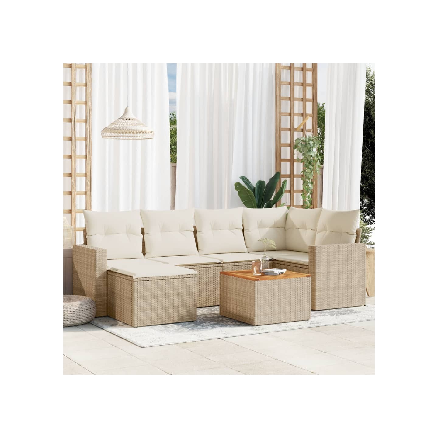 Salon de jardin avec coussins 7 pcs beige résine tressée