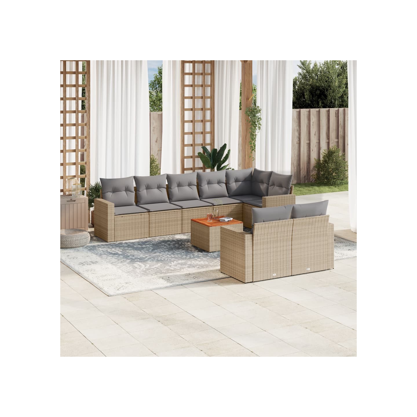 Salon de jardin avec coussins 9 pcs beige résine tressée