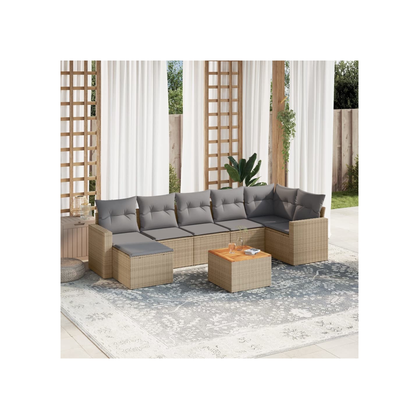 Salon de jardin avec coussins 8 pcs beige résine tressée