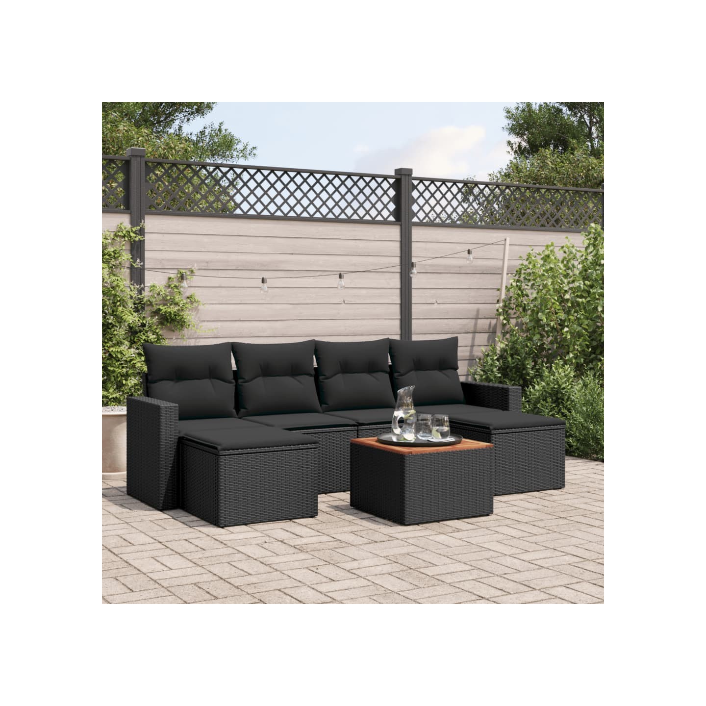 Salon de jardin 7 pcs avec coussins noir résine tressée