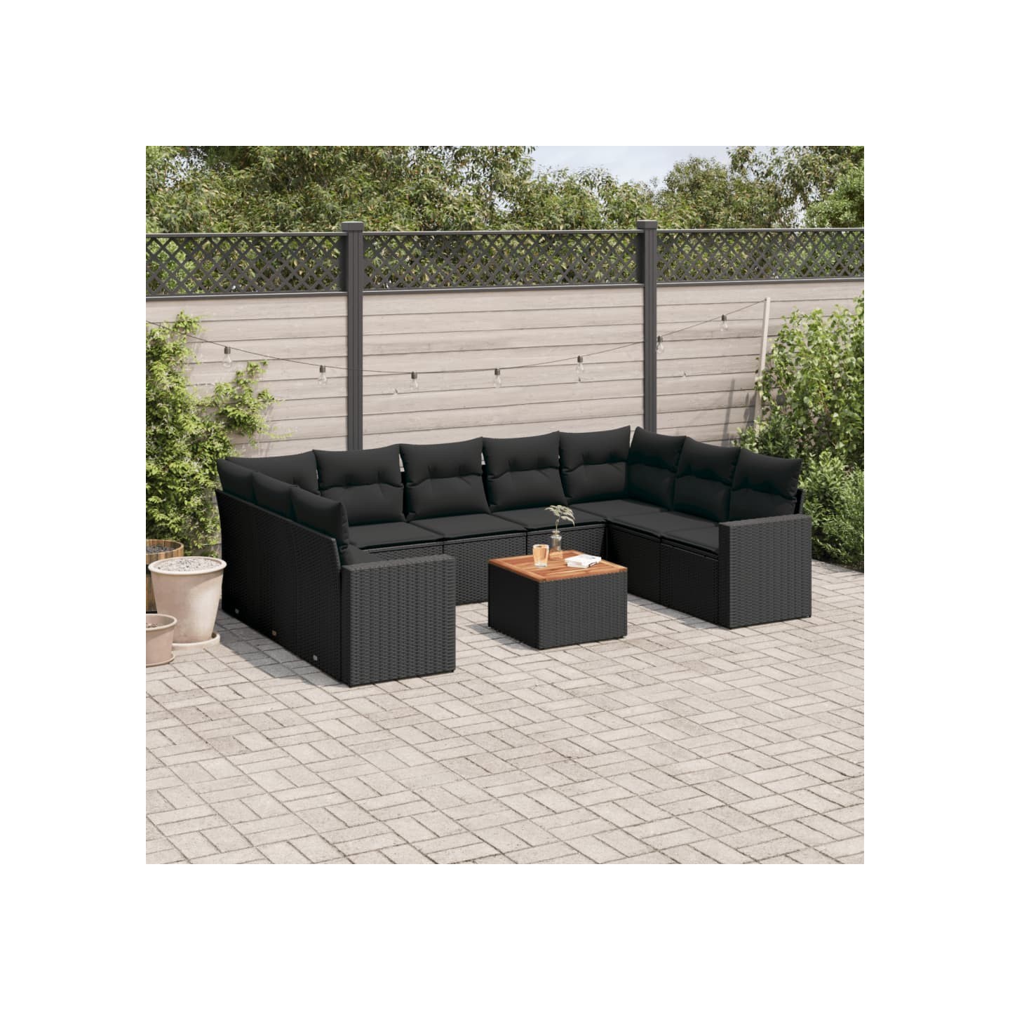 Salon de jardin 10 pcs avec coussins noir résine tressée