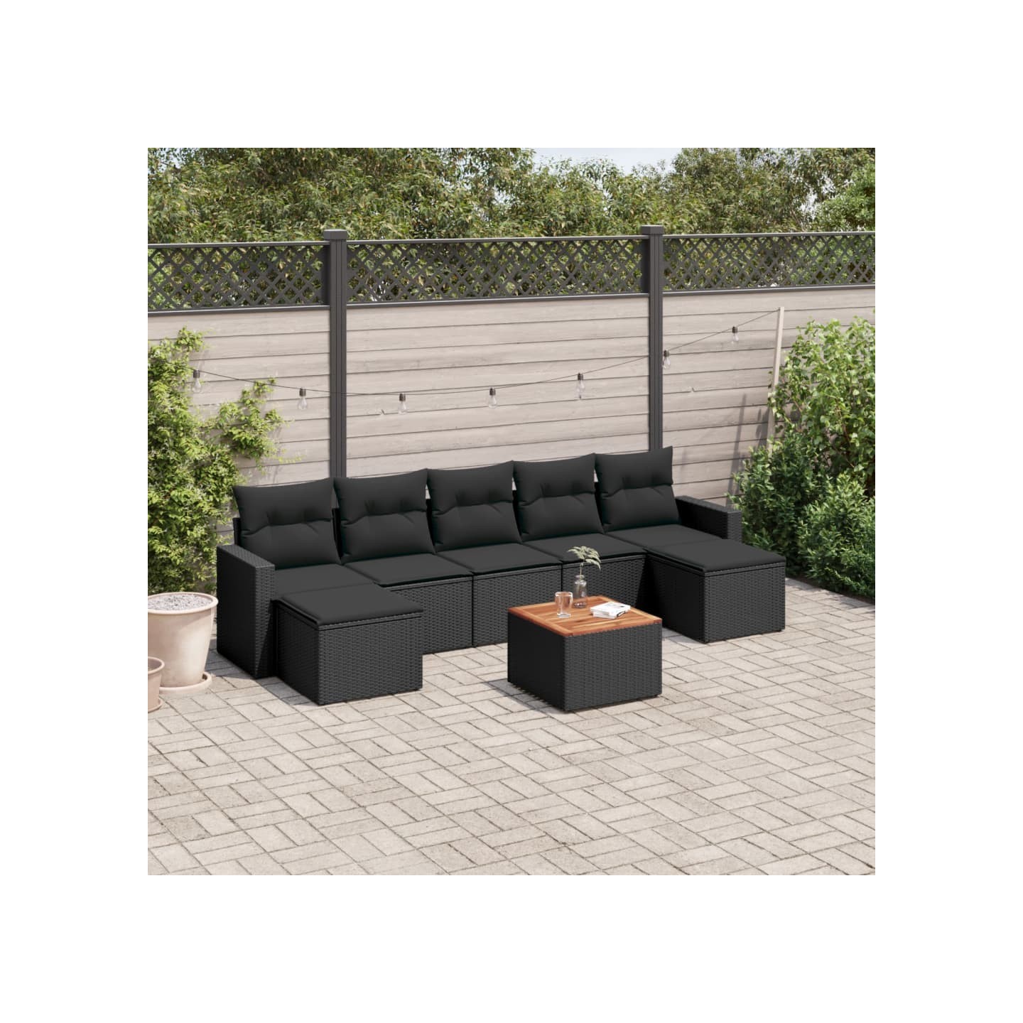 Salon de jardin 8 pcs avec coussins noir résine tressée