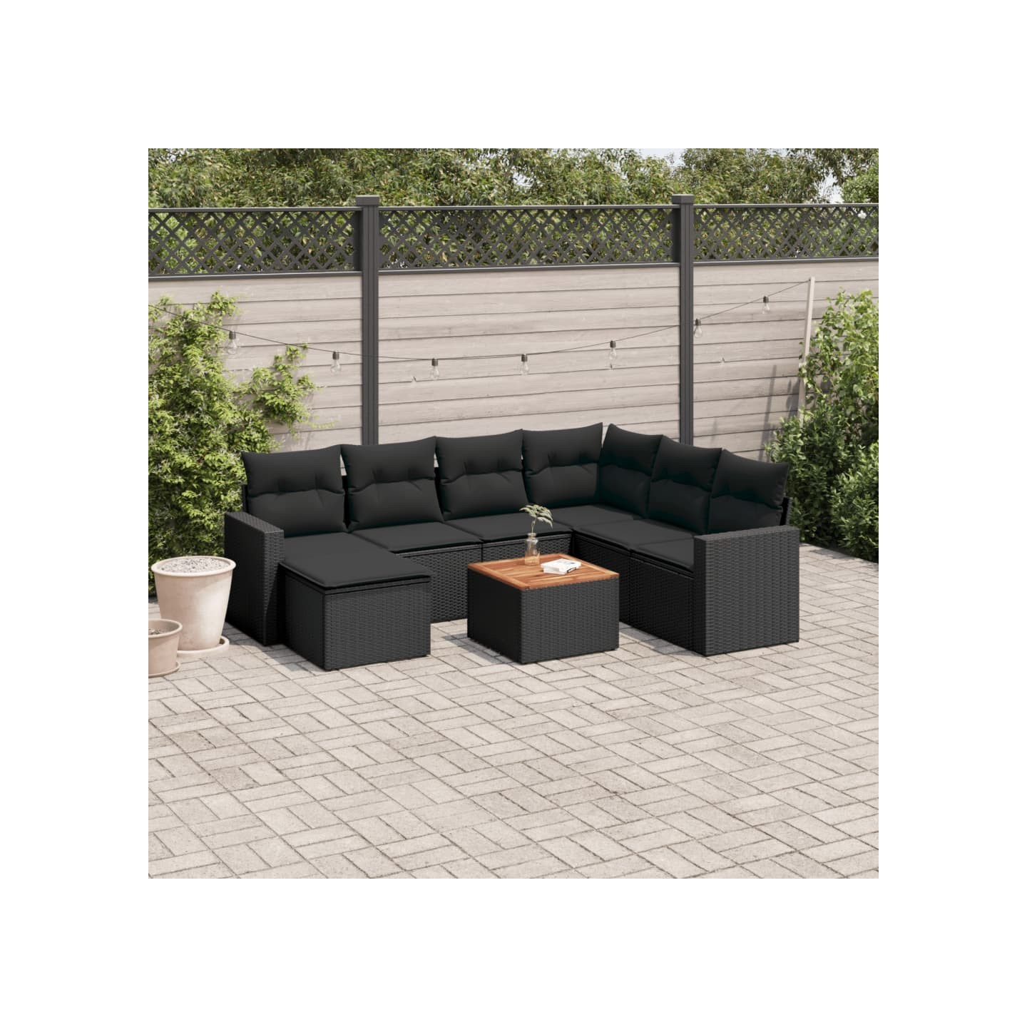 Salon de jardin 8 pcs avec coussins noir résine tressée