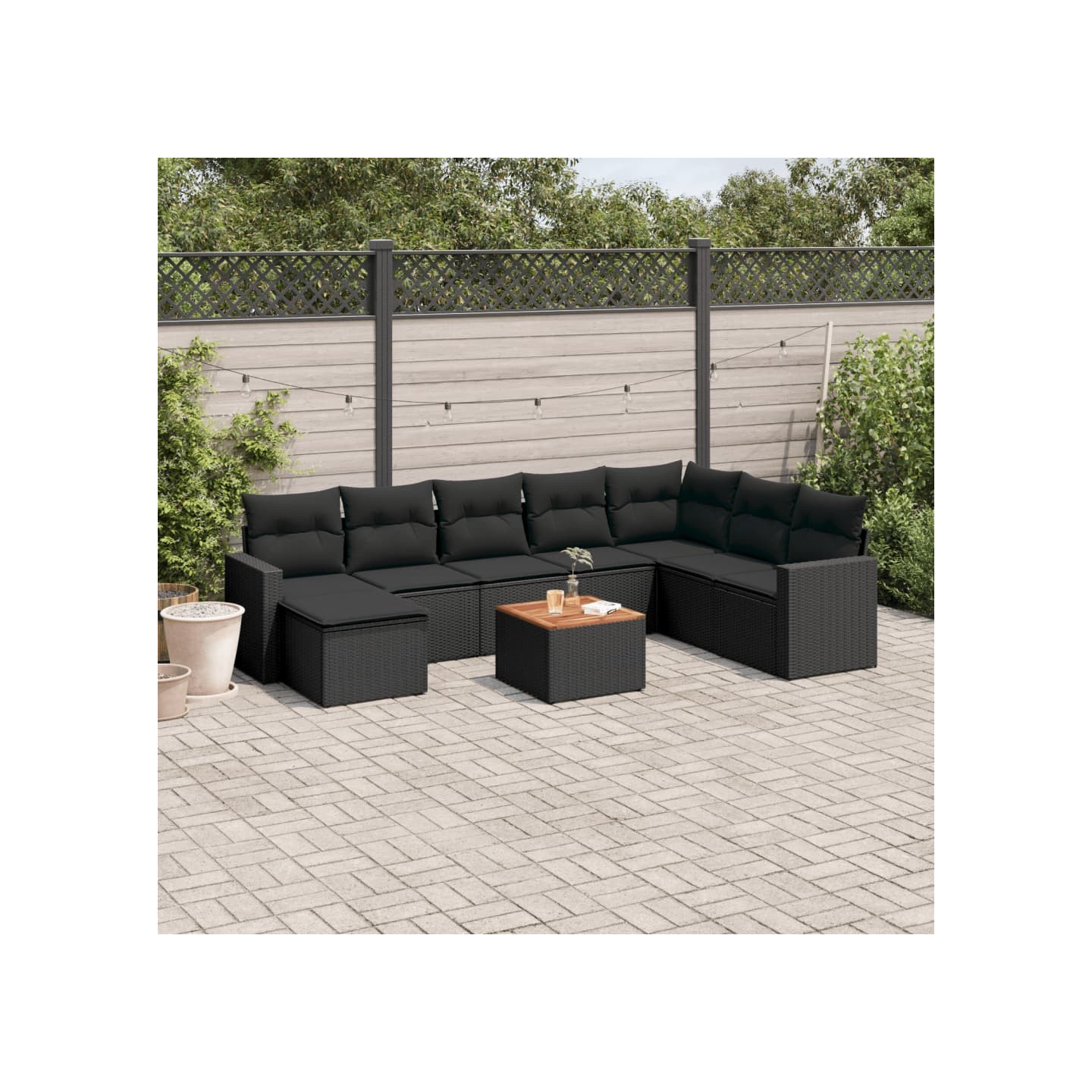 Salon de jardin 9 pcs avec coussins noir résine tressée