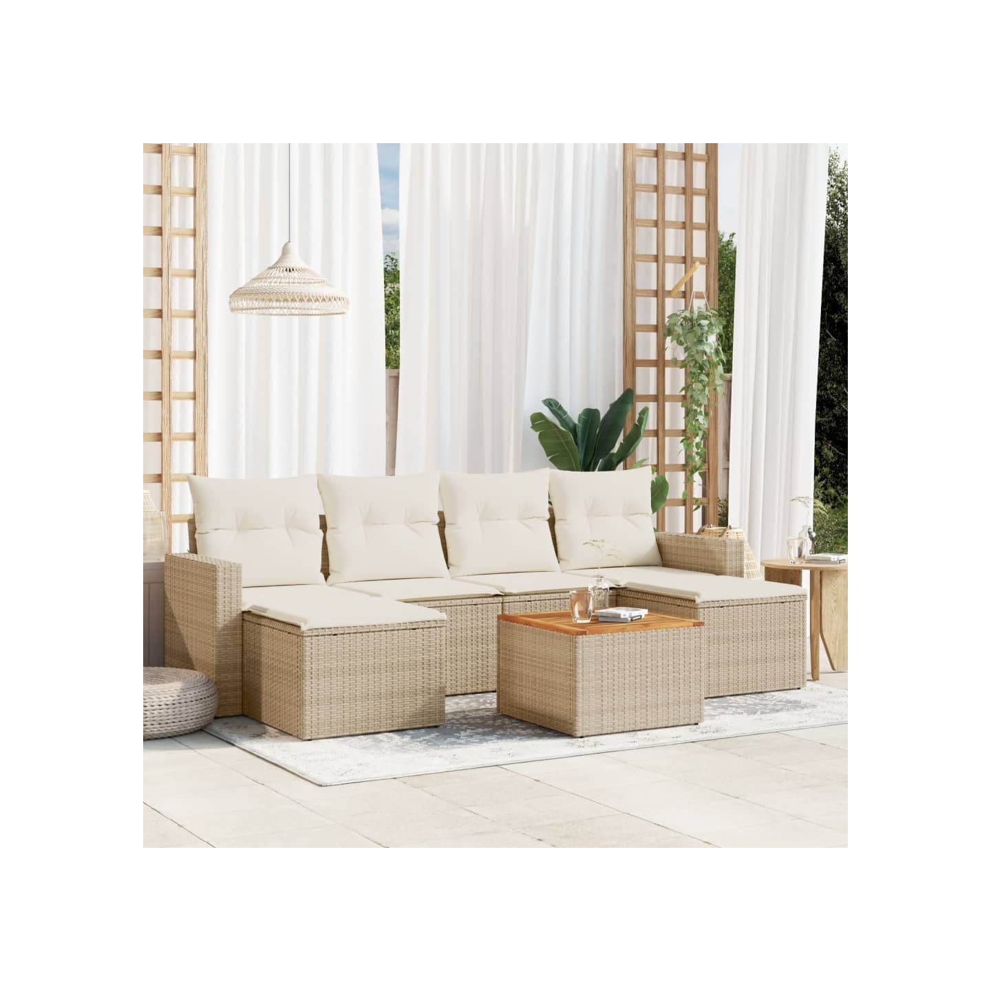 Salon de jardin avec coussins 7 pcs beige résine tressée