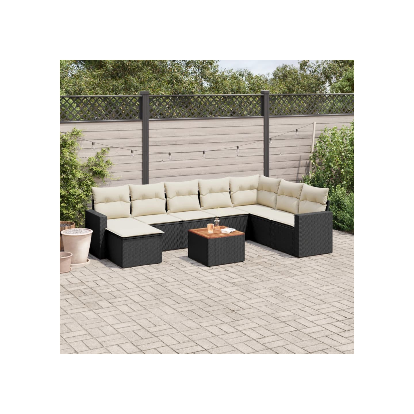 Salon de jardin 9 pcs avec coussins noir résine tressée