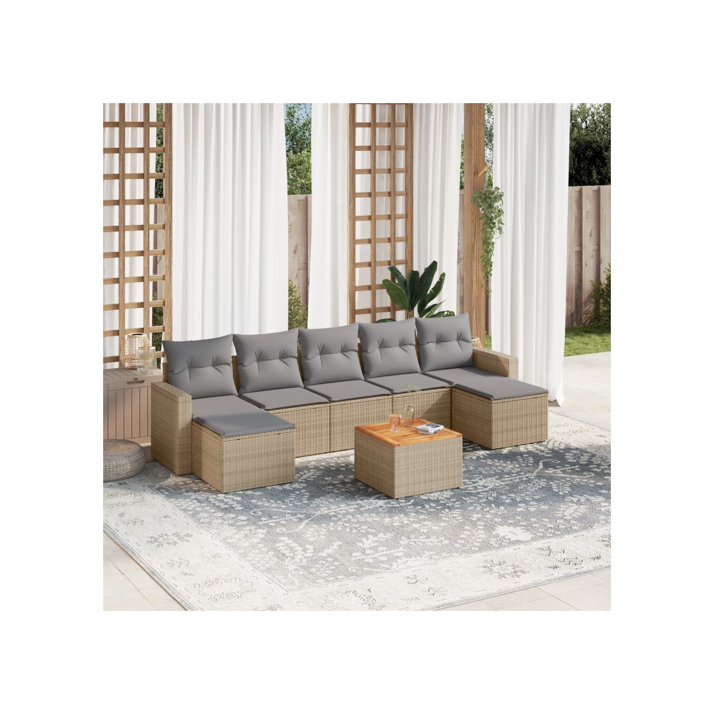 Salon de jardin avec coussins 8 pcs beige résine tressée