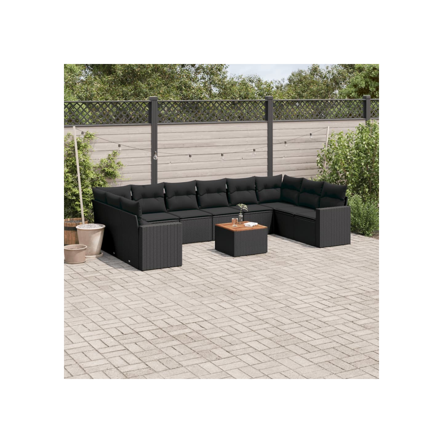 Salon de jardin 11 pcs avec coussins noir résine tressée