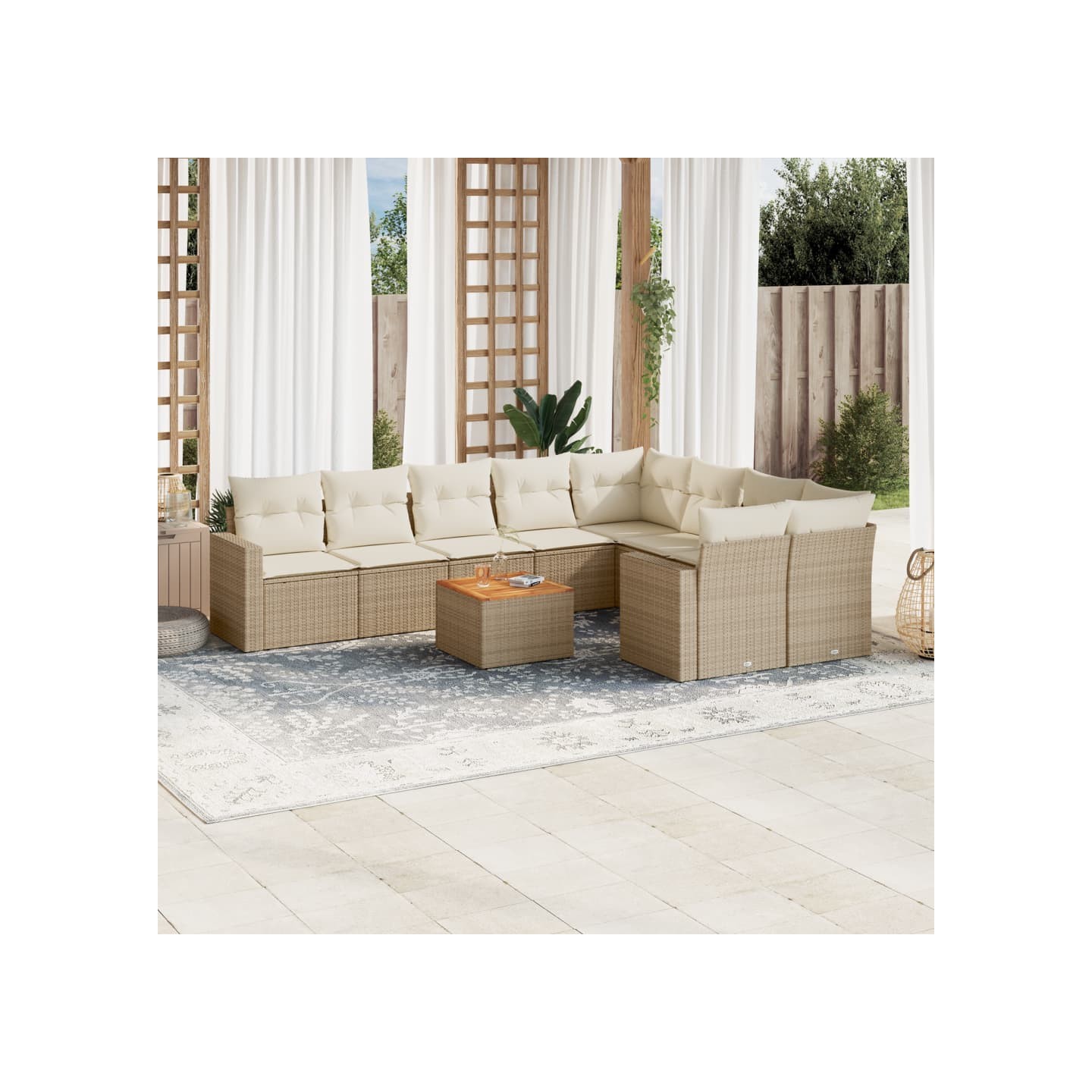 Salon de jardin avec coussins 10 pcs beige résine tressée