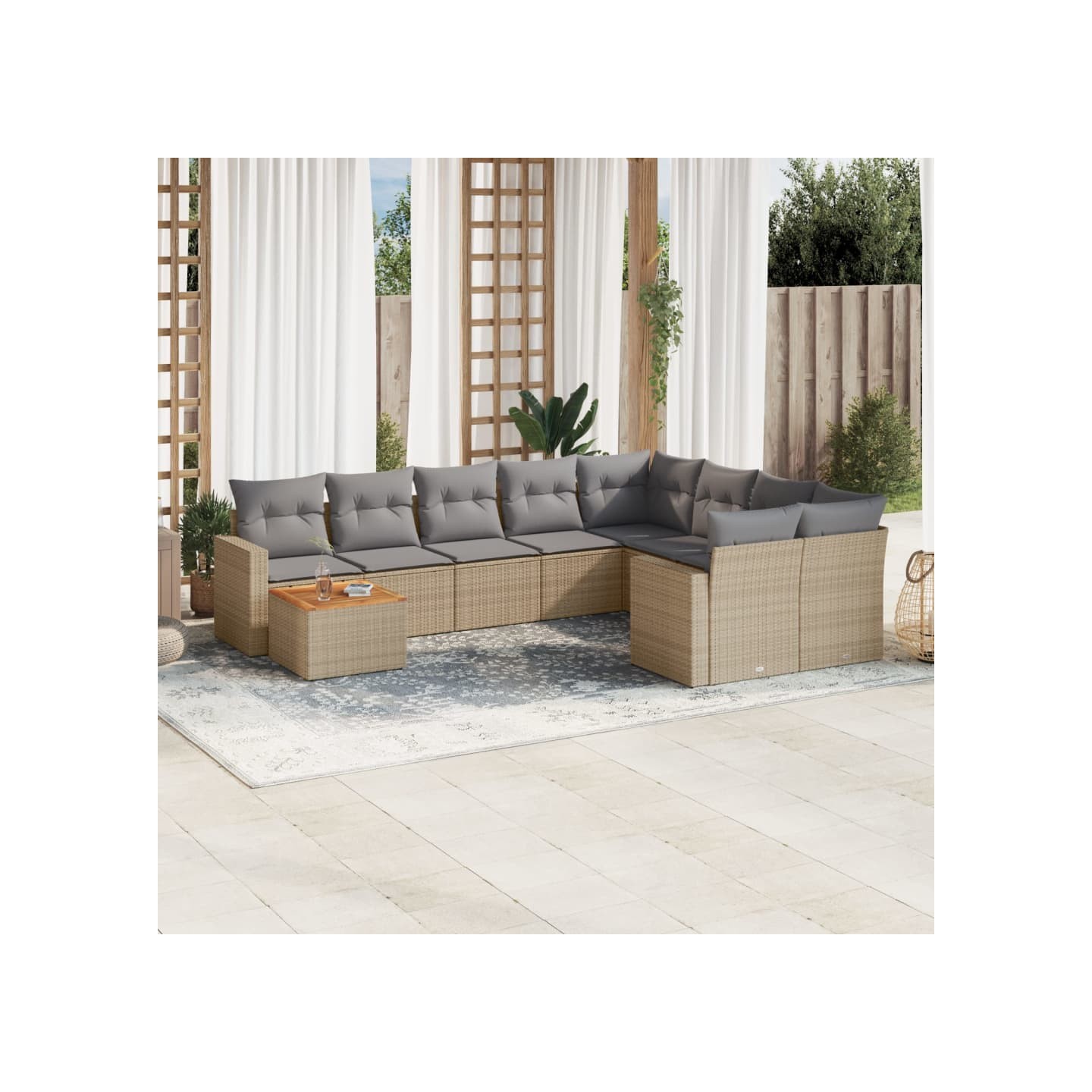 Salon de jardin avec coussins 10 pcs beige résine tressée
