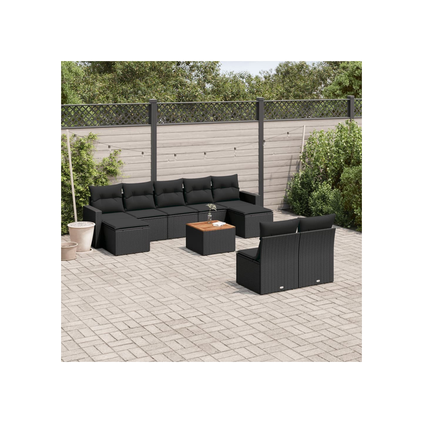 Salon de jardin 10 pcs avec coussins noir résine tressée