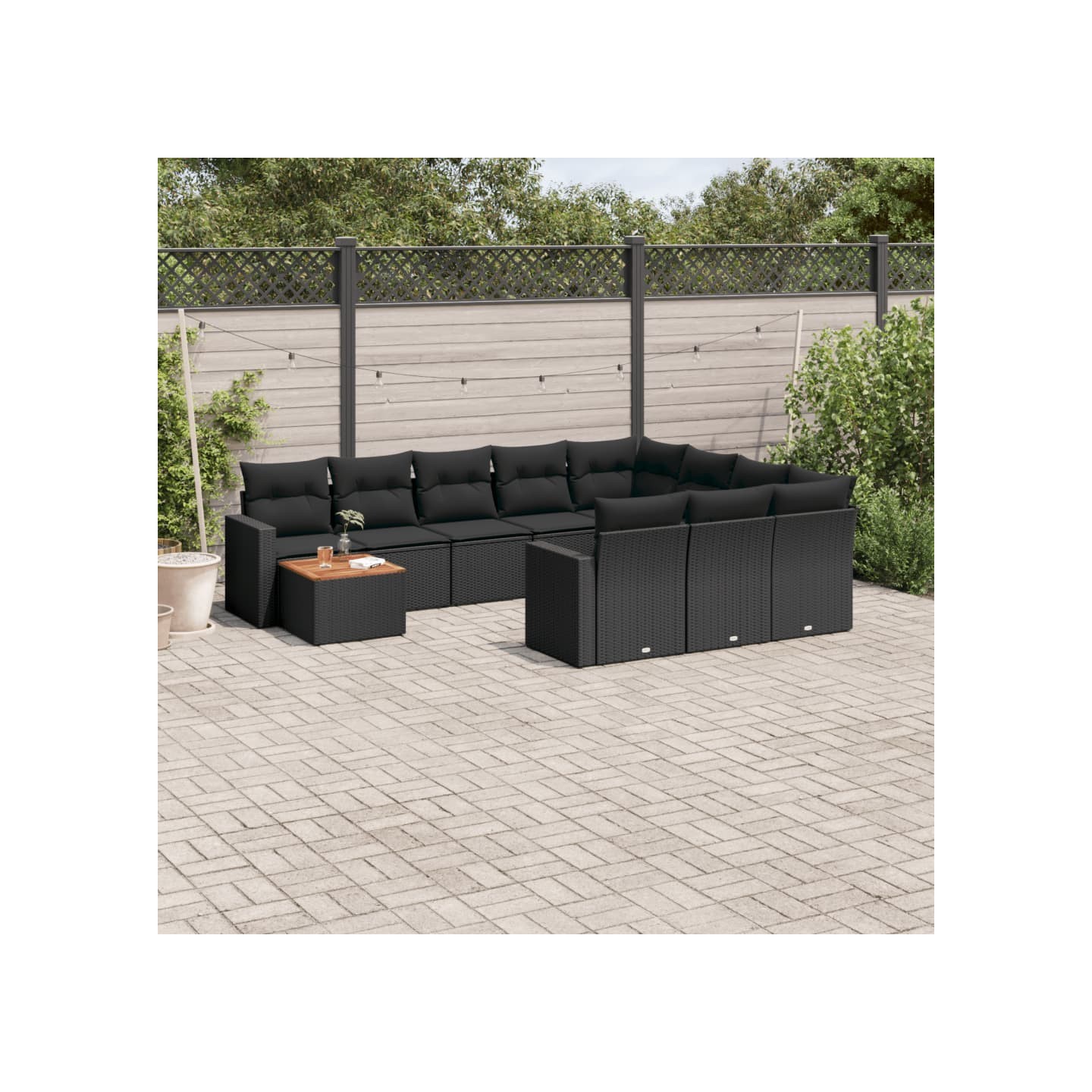 Salon de jardin 11 pcs avec coussins noir résine tressée