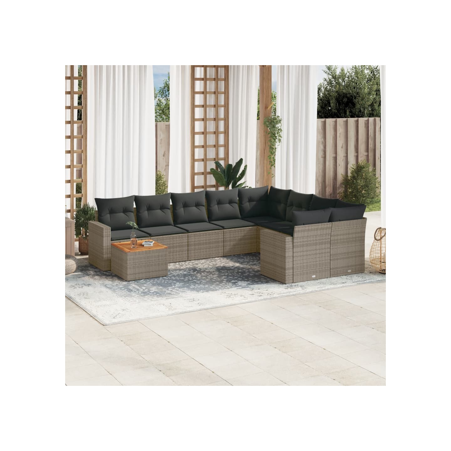 Salon de jardin avec coussins 10 pcs gris résine tressée