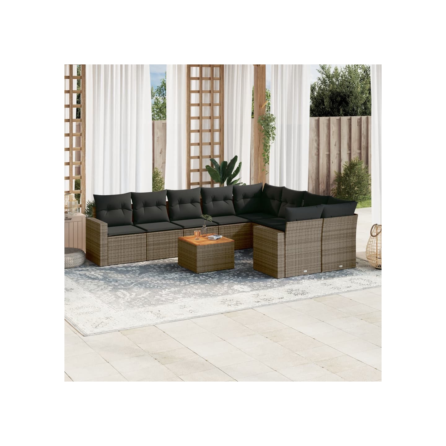 Salon de jardin avec coussins 10 pcs gris résine tressée