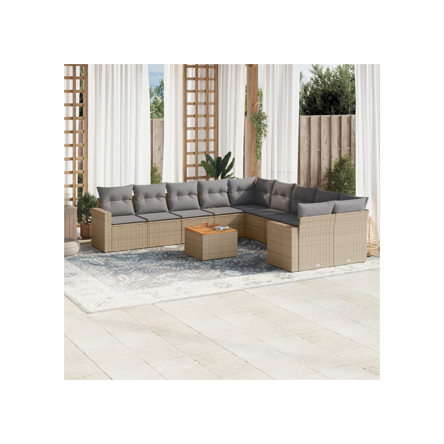 Salon de jardin 11 pcs avec coussins beige résine tressée
