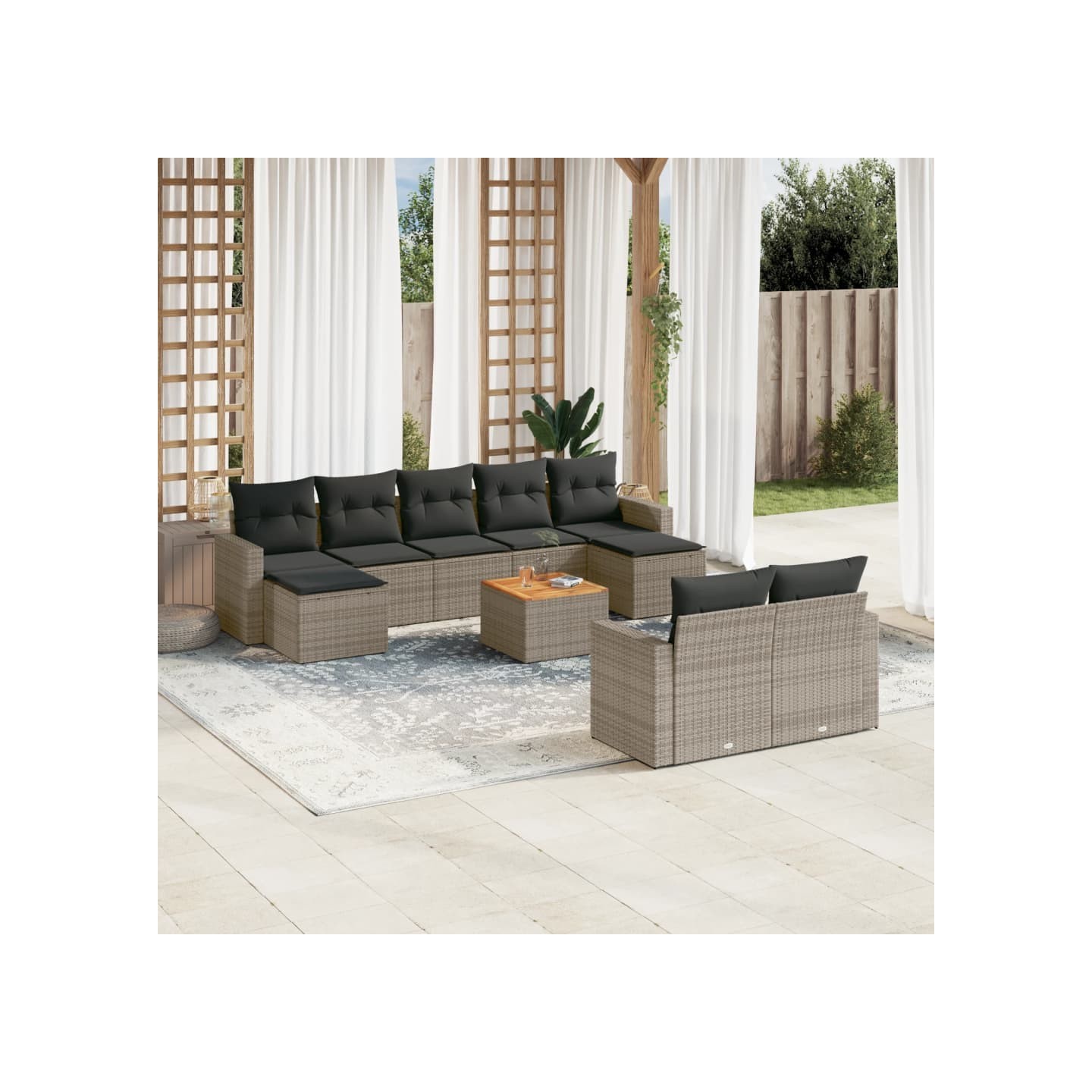 Salon de jardin avec coussins 10 pcs gris résine tressée