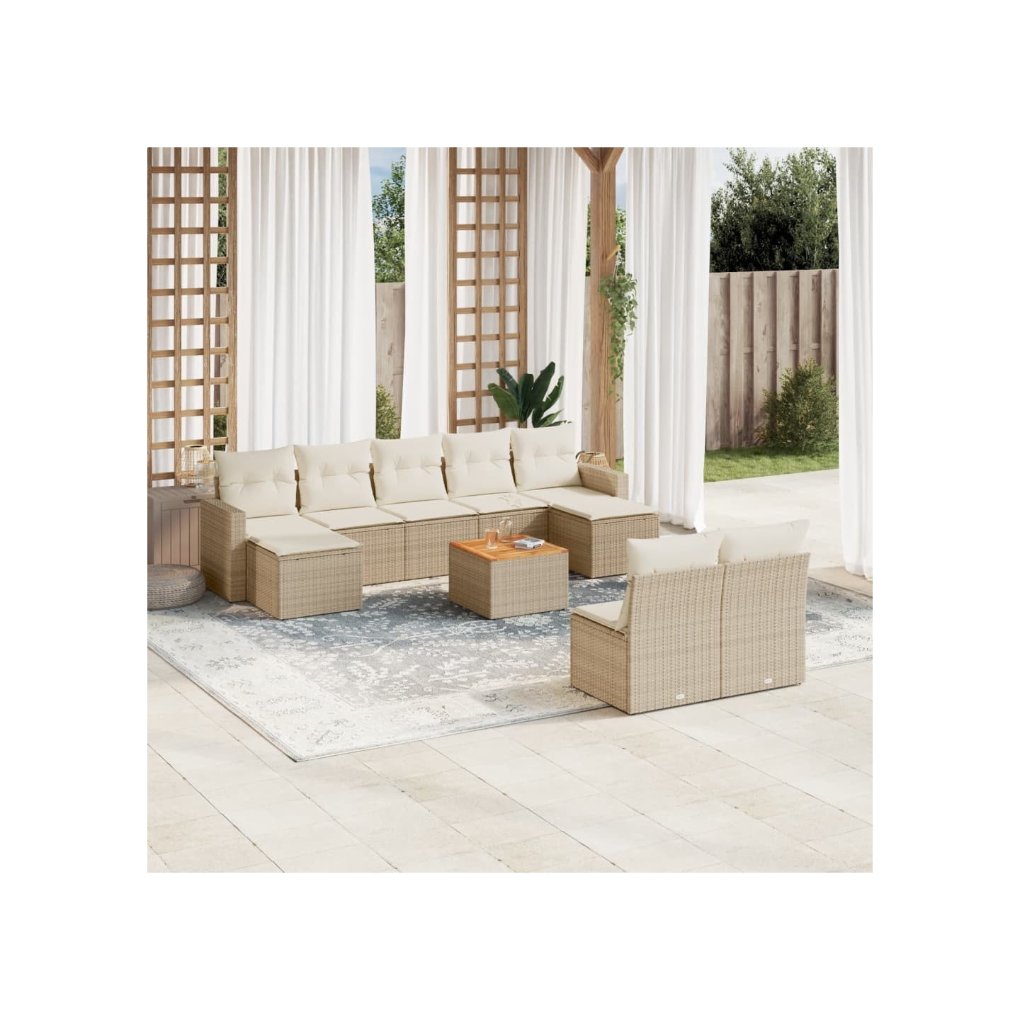 Salon de jardin avec coussins 10 pcs beige résine tressée