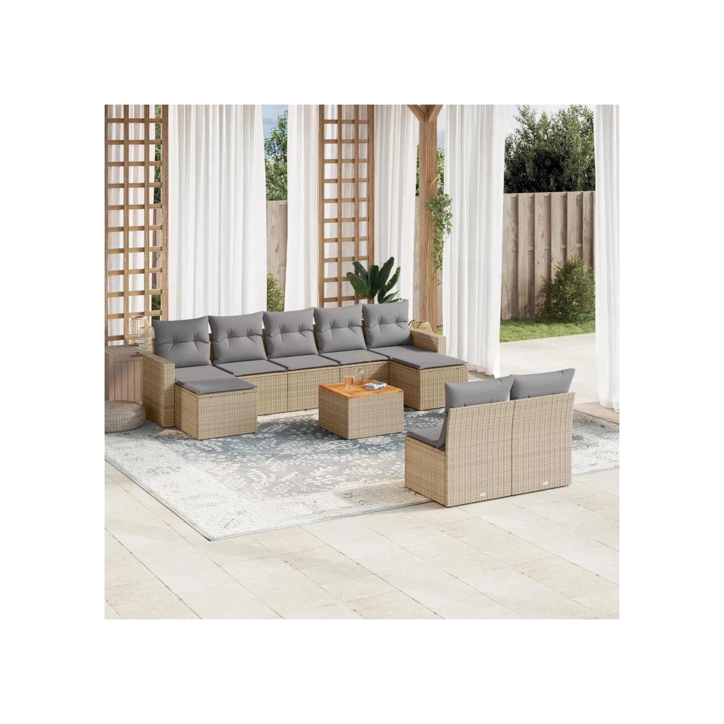 Salon de jardin avec coussins 10 pcs beige résine tressée