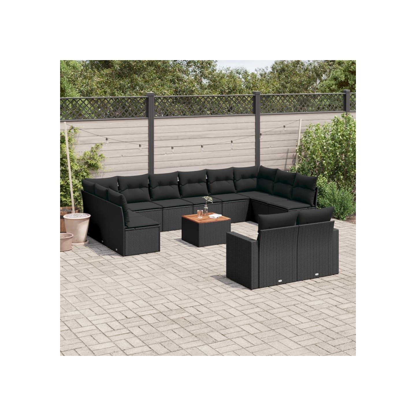 Salon de jardin avec coussins 13 pcs noir résine tressée