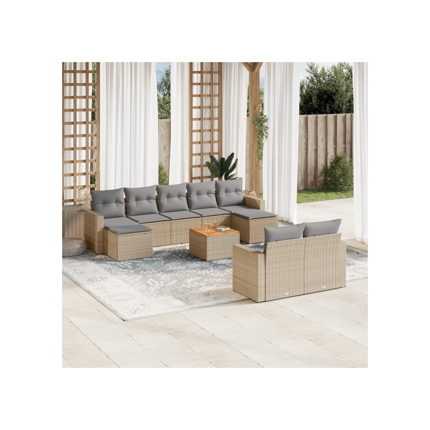 Salon de jardin avec coussins 10 pcs beige résine tressée