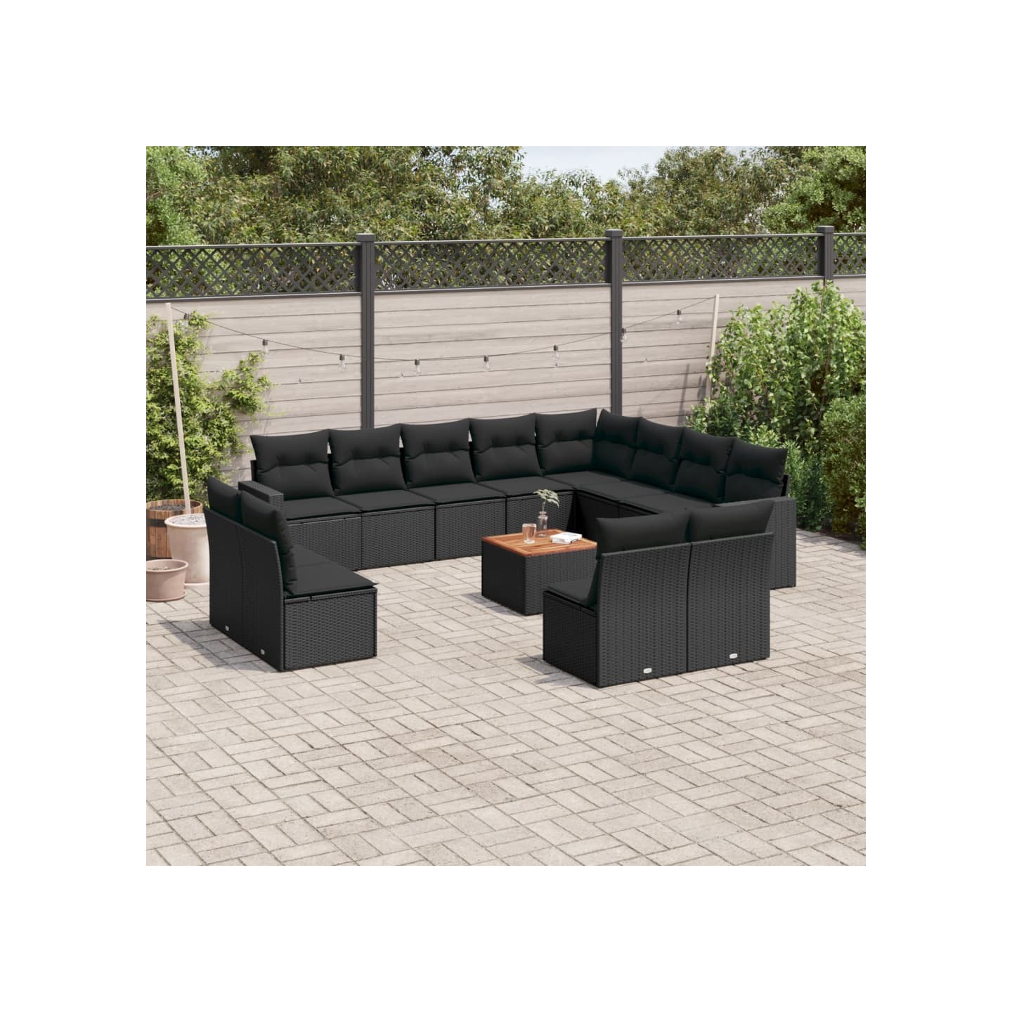 Salon de jardin avec coussins 13 pcs noir résine tressée
