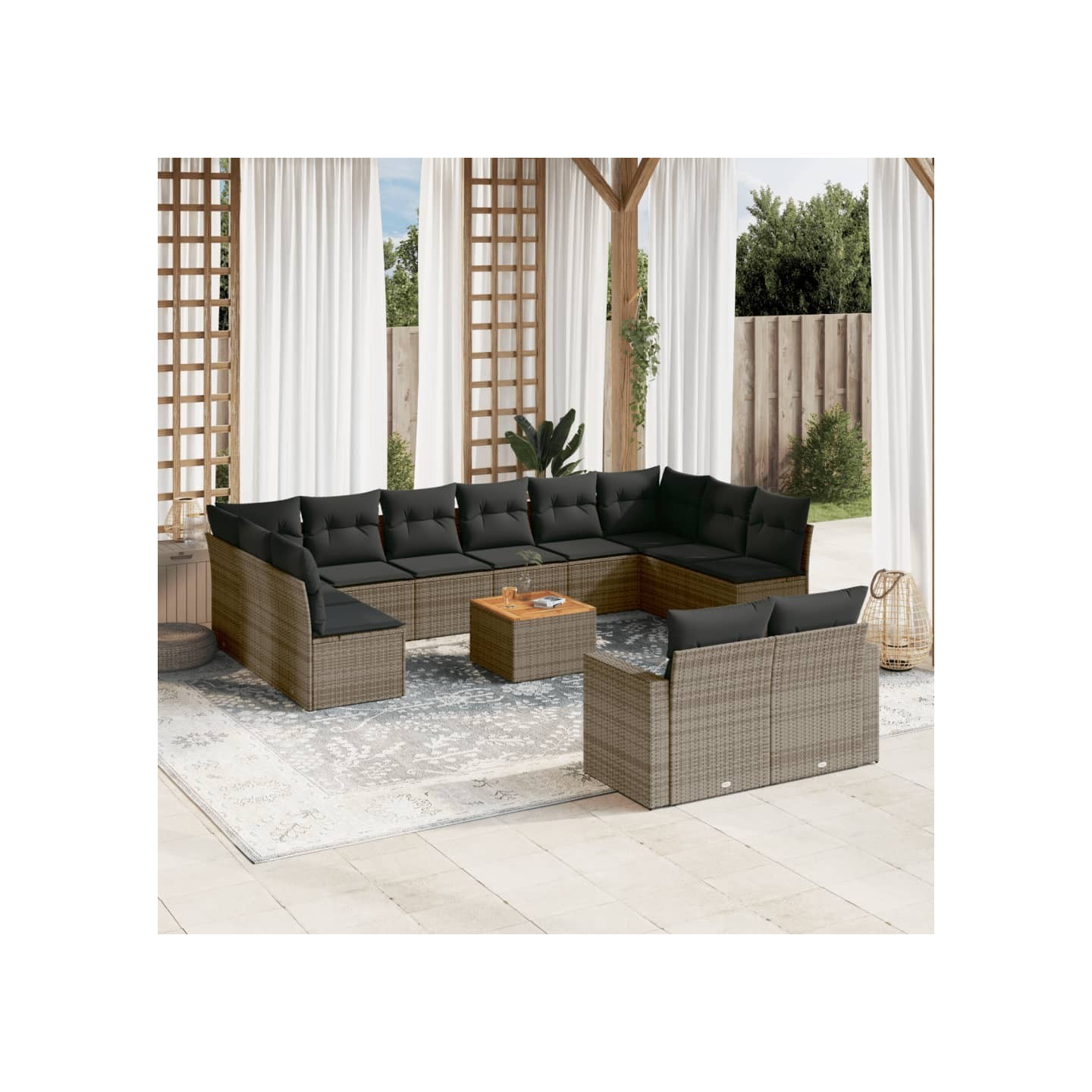Salon de jardin avec coussins 13 pcs gris résine tressée