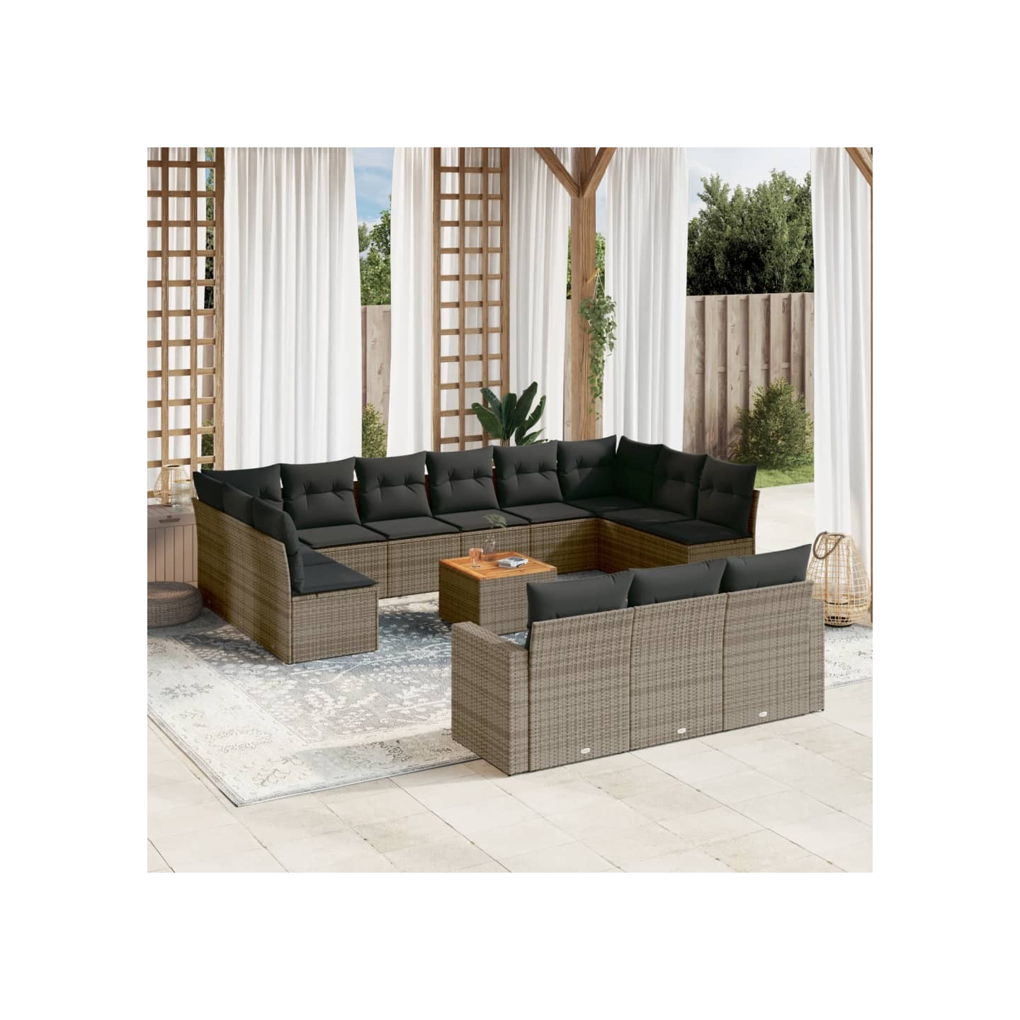 Salon de jardin avec coussins 14 pcs gris résine tressée