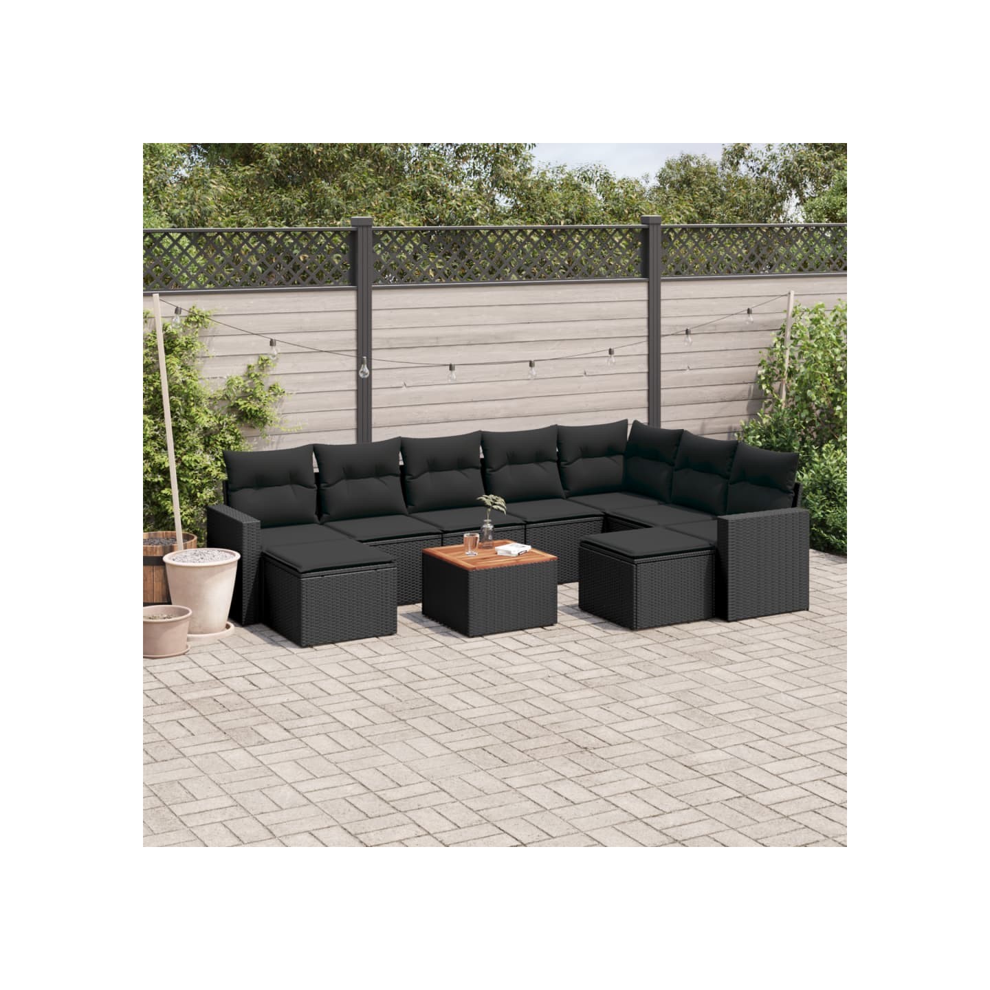 Salon de jardin 10 pcs avec coussins noir résine tressée