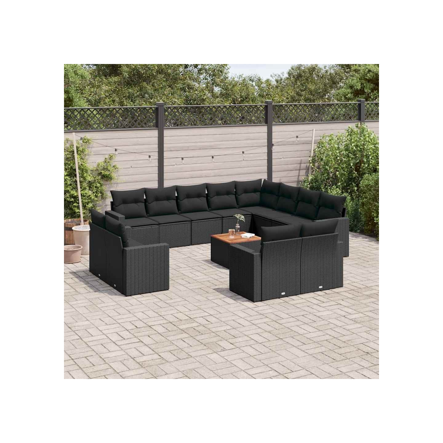 Salon de jardin avec coussins 13 pcs noir résine tressée
