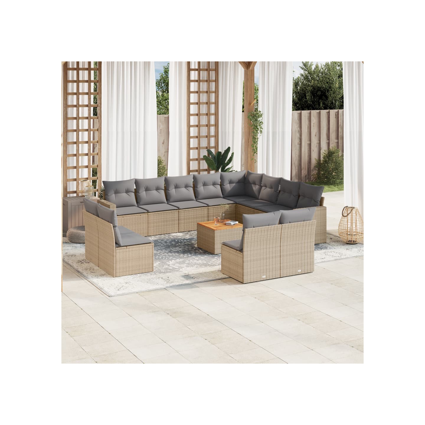 Salon de jardin avec coussins 13 pcs beige résine tressée