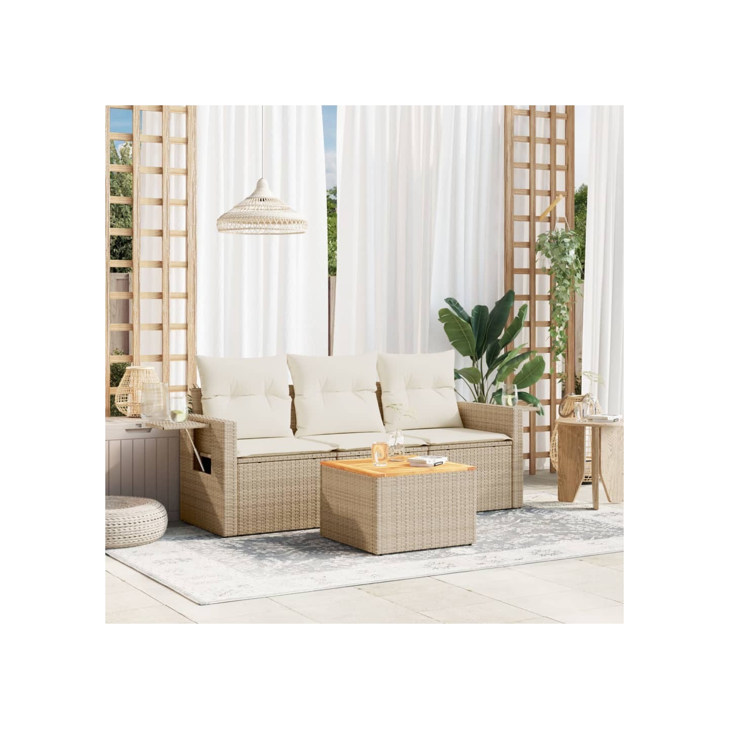 Salon de jardin avec coussins 4 pcs beige résine tressée