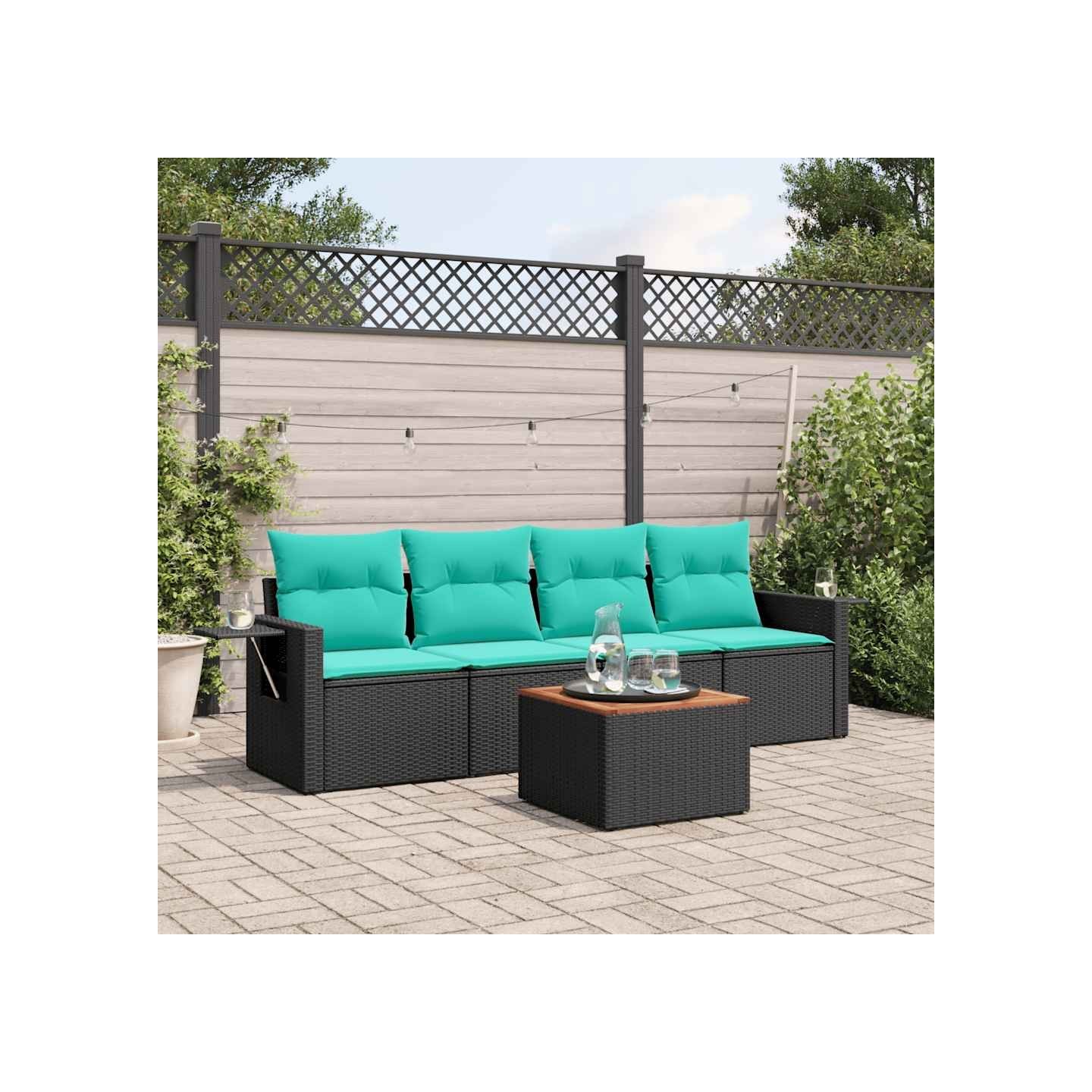 Ensemble de canapé de jardin 5 pcs avec coussins noir résine tressée