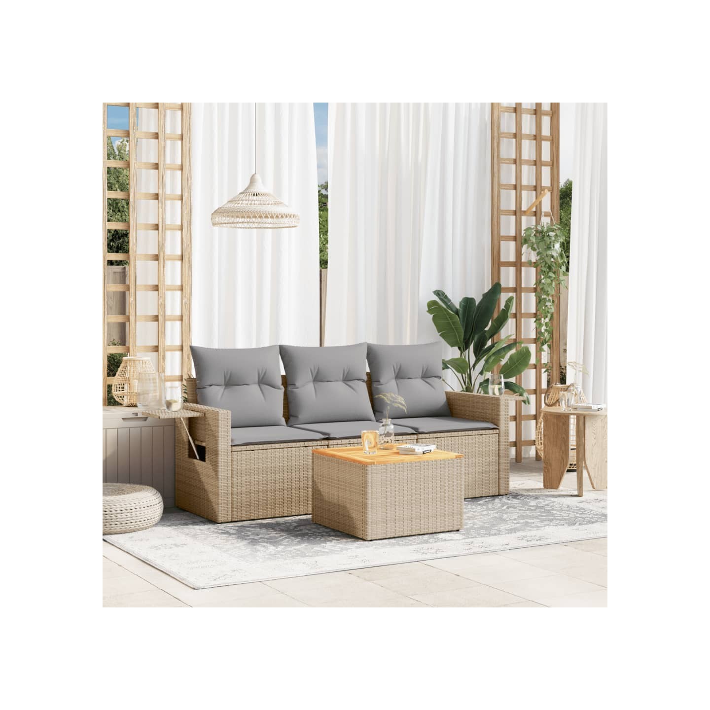 Salon de jardin avec coussins 4 pcs beige résine tressée