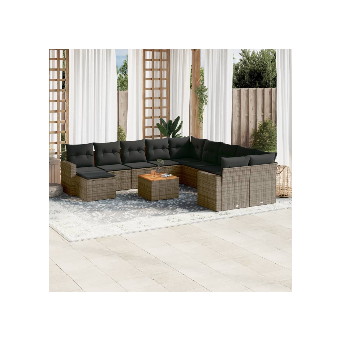 Salon de jardin avec coussins 12 pcs gris résine tressée