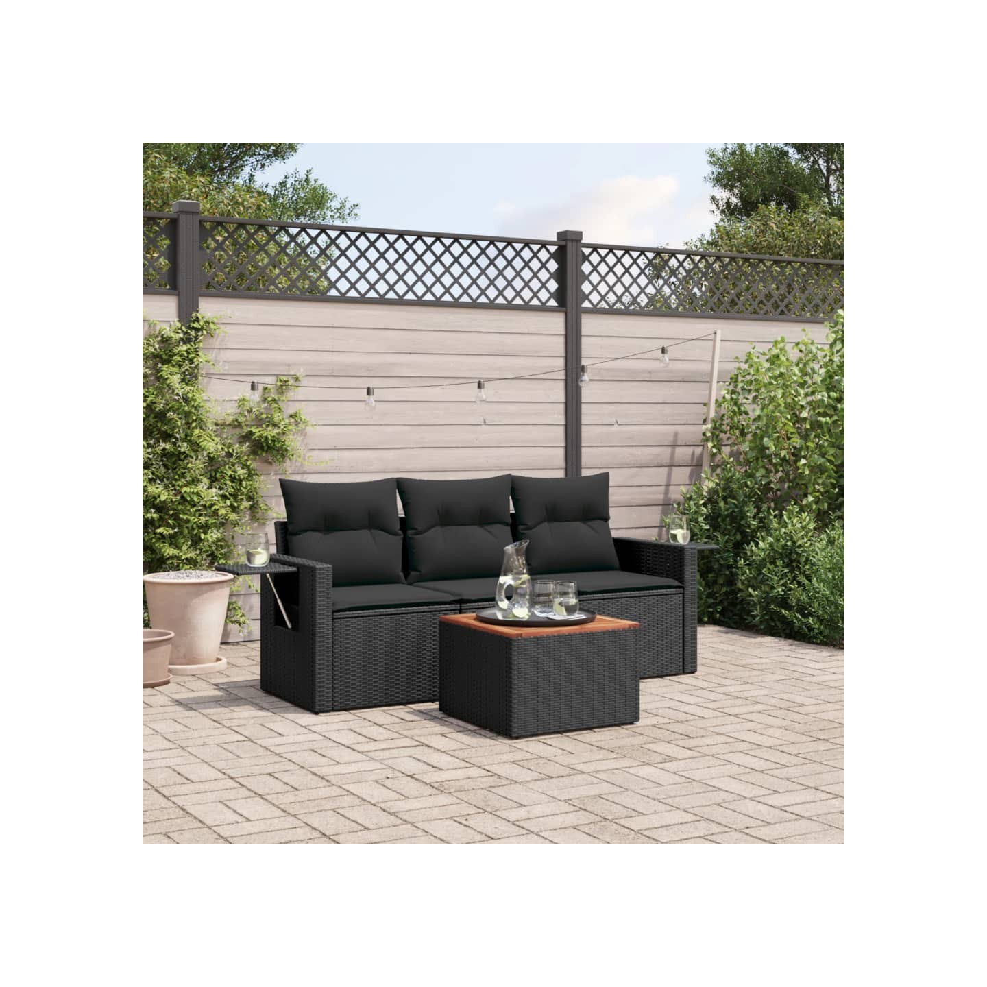 Salon de jardin 4 pcs avec coussins noir résine tressée