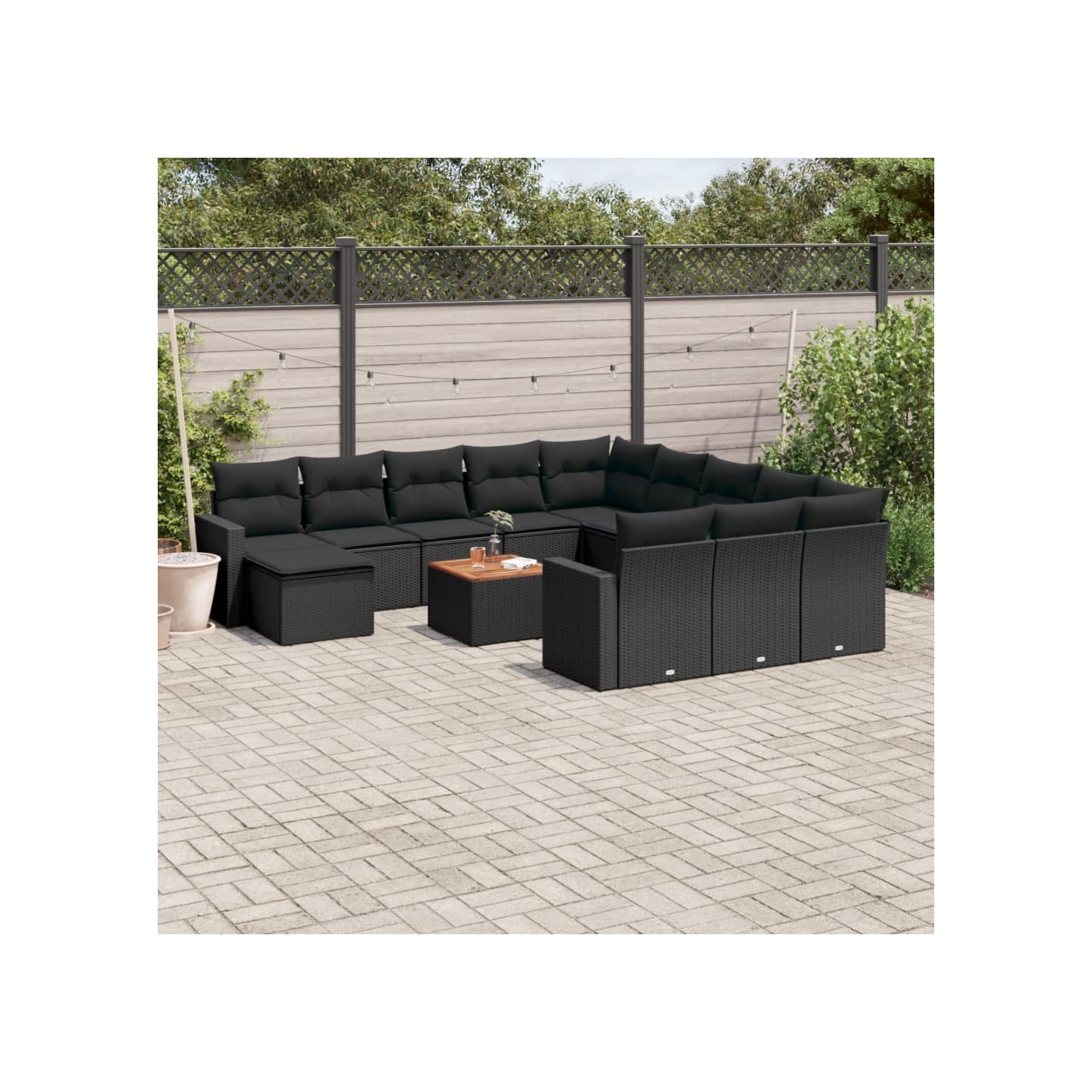 Salon de jardin avec coussins 13 pcs noir résine tressée