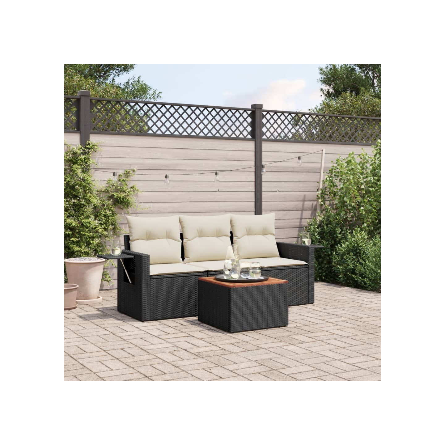 Salon de jardin 4 pcs avec coussins noir résine tressée