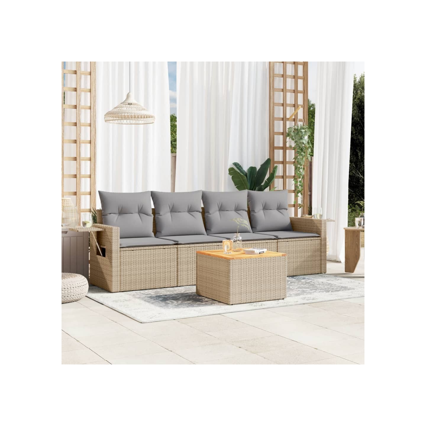 Salon de jardin avec coussins 5 pcs beige résine tressée