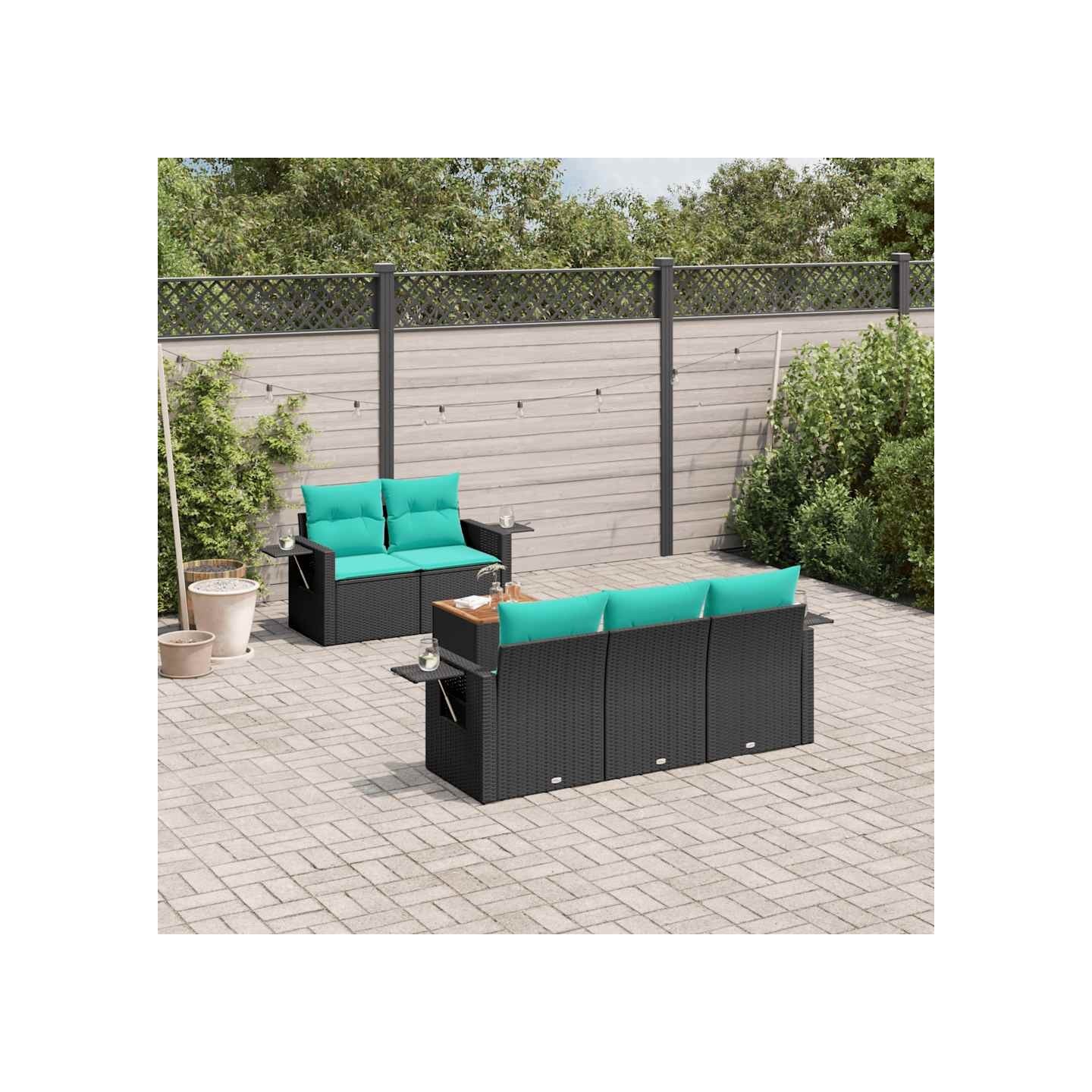Ensemble de canapé de jardin 6 pcs avec coussins noir résine tressée