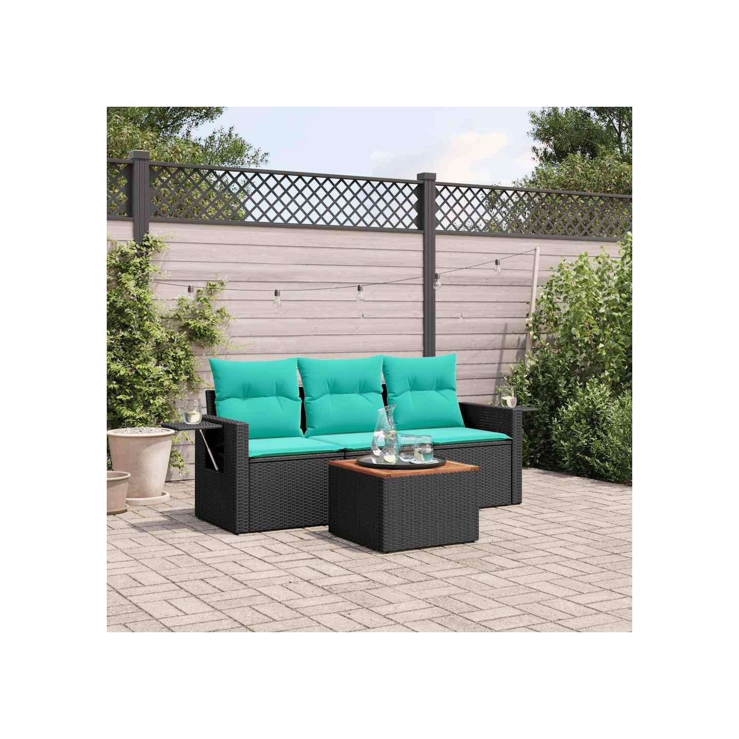 Ensemble de canapé de jardin 4 pcs avec coussins noir résine tressée