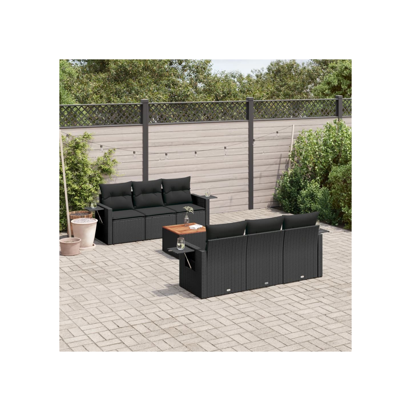 Salon de jardin 7 pcs avec coussins noir résine tressée