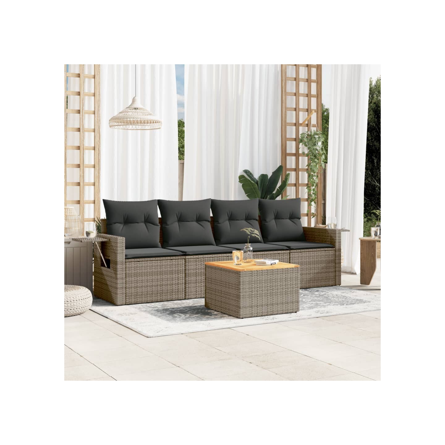 Salon de jardin 5 pcs avec coussins gris résine tressée